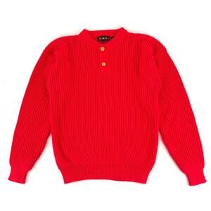 80s red chunky shaker knit henley sweater 1989s vintage
